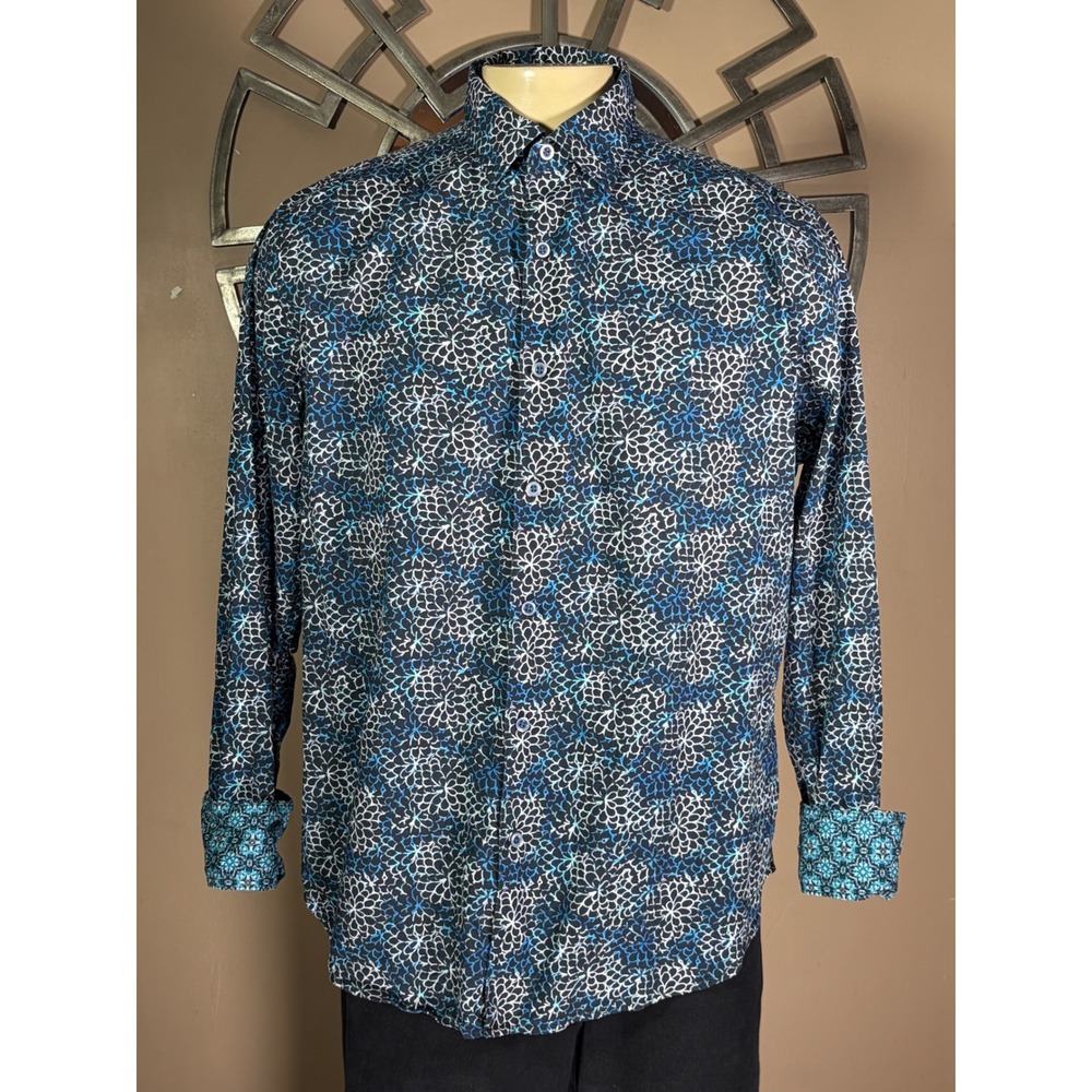 Robert Graham Mens Blue Floral Geometric Button Down Shirt Classic Fit XL TG